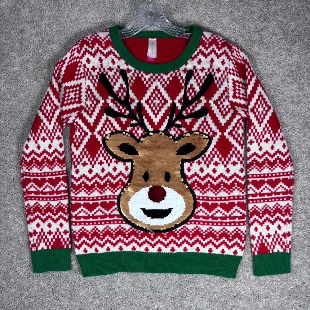 No Boundaries‎ Christmas Sweater L Reindeer Sequin Ugly Holiday Knit